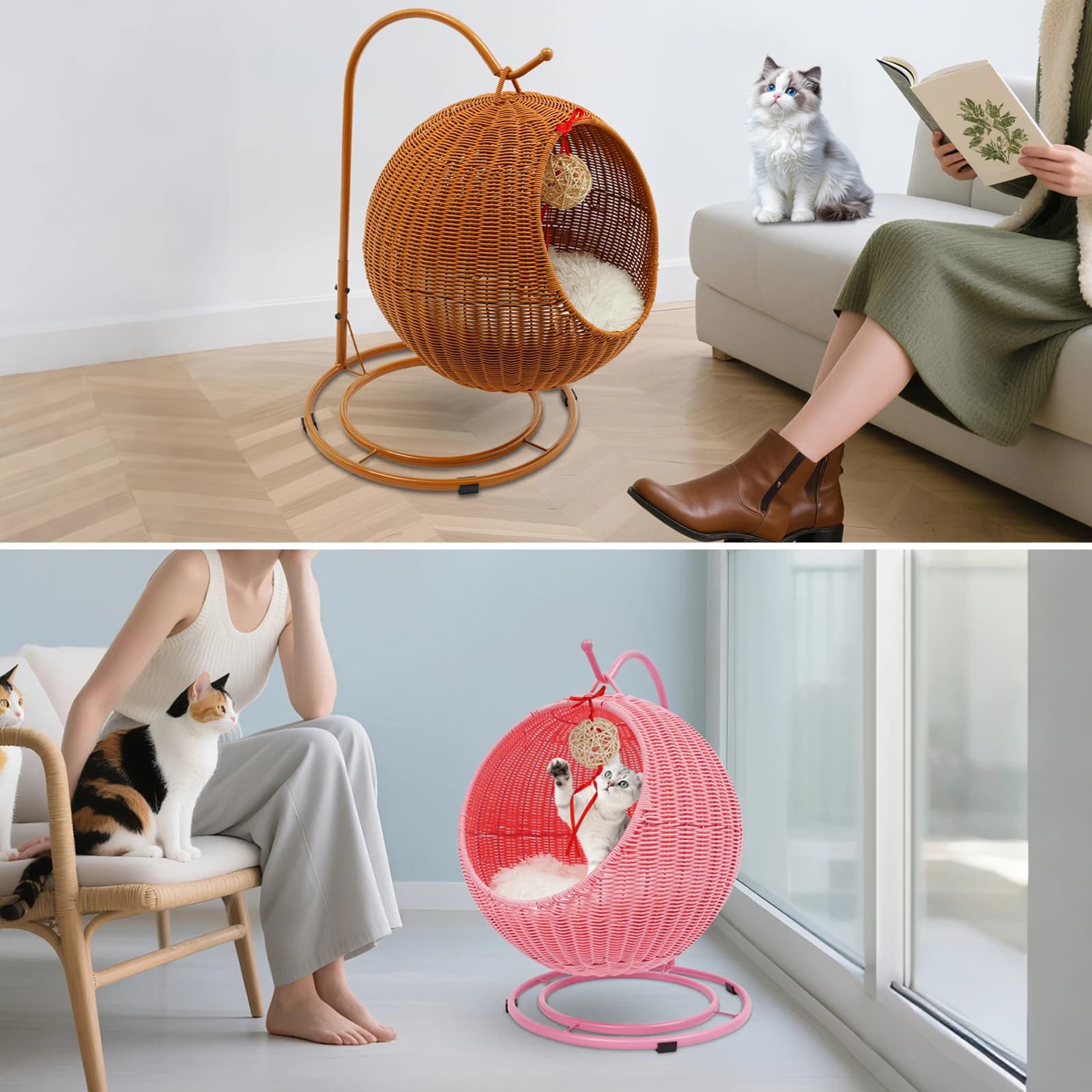 Cat Swing, Cat Chair for Indoor, Cat Basket, Hanging Chair for Cats Within 7.5kg, with Soft Cushion, Hand Weaving Cat Hammock